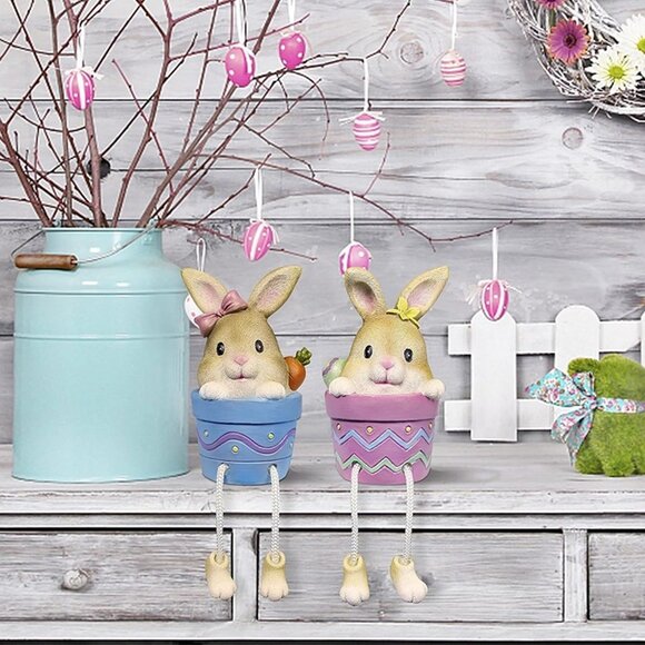 NEW Set of 2 Resin Pot Bunny Shelf Sitters with Dangling Legs - Picture 8 of 8